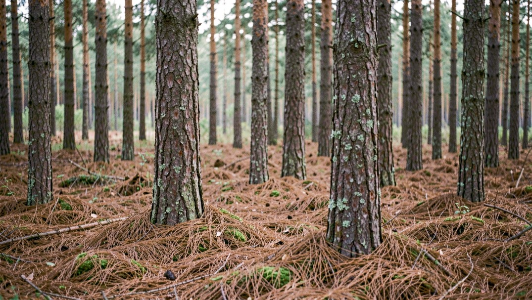 Rijen grove dennen in aangeplant naaldbos met kaarsrechte stammen en een bodem van bruine naalden.