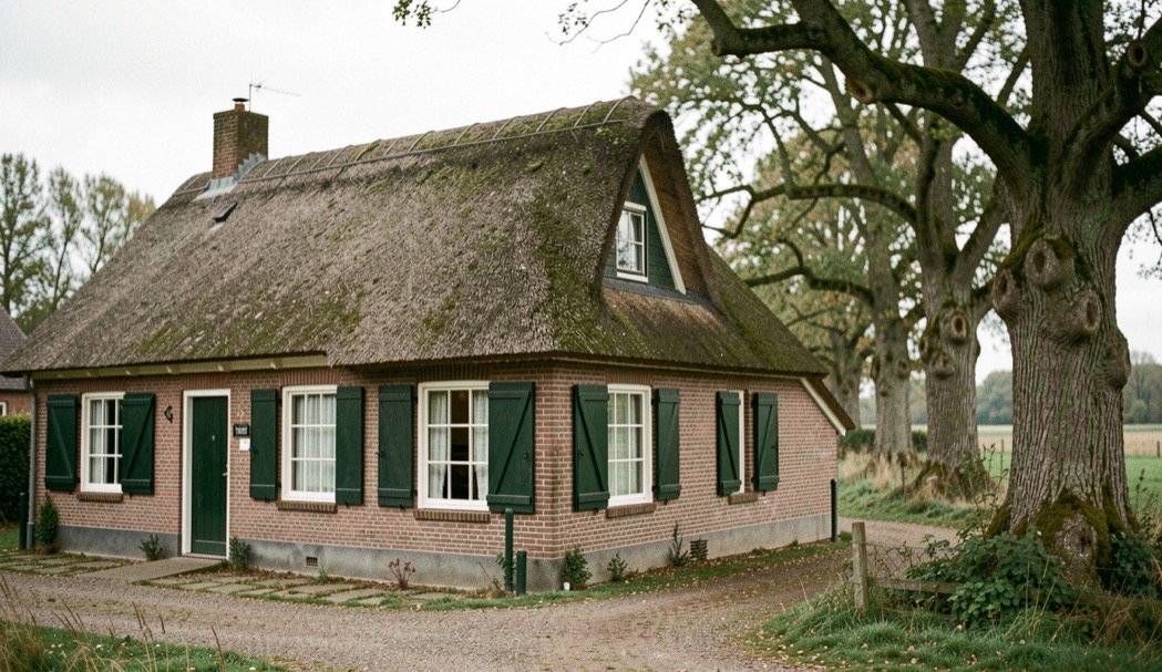 Boerderij met rieten dak en groene luiken aan de rand van een dorpsbrink met oude eiken.