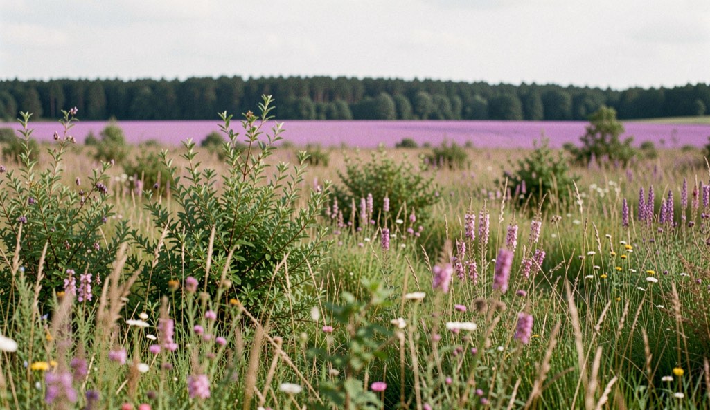 Bloeiende struikheide in augustus met een paarse vlakte tot aan een verre bosrand.