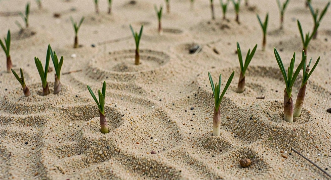 Golvend open stuifzand met ribbels in het zand en enkele jonge vliegdennen.