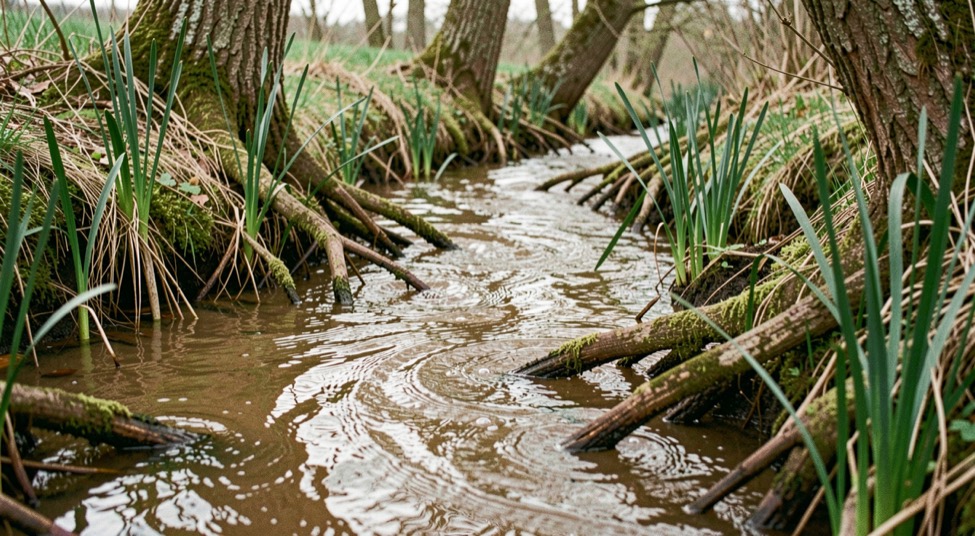 Smalle bosbeek met bruin water dat tussen boomwortels door slingert, met varens langs de oever.