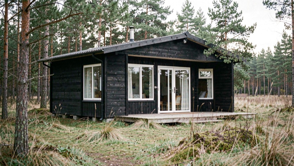 Vrijstaande houten vakantiebungalow met donkere gevelplanken en grote ramen, half verscholen achter berken aan de rand van een open bosveld.