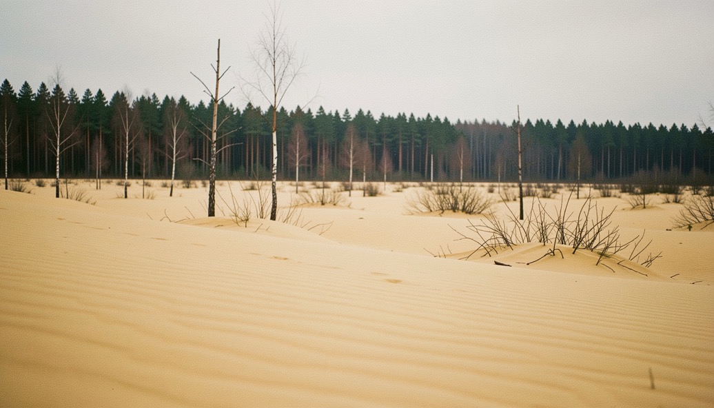 Open zandverstuiving met golvend geel zand, verspreide vliegdennen en een rand van donker naaldbos aan de horizon.