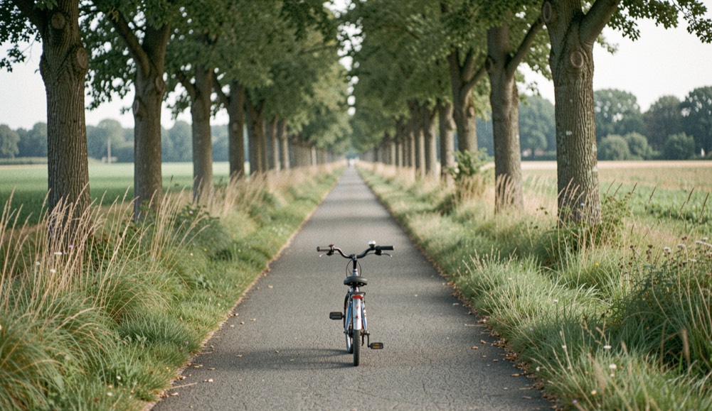 Smal asfaltfietspad dat kaarsrecht door een laan van beuken loopt, met bermen van hoog gras aan beide kanten.