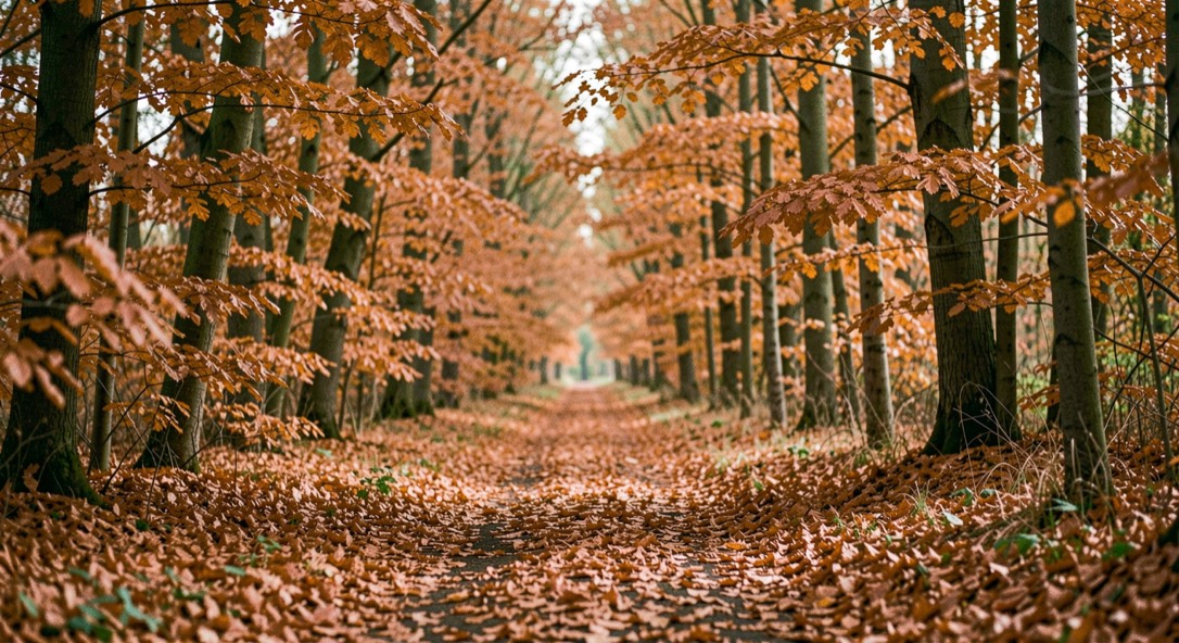 Beukenbos in oktober met koperkleurig blad aan de takken en een dikke laag gevallen bladeren over het pad.