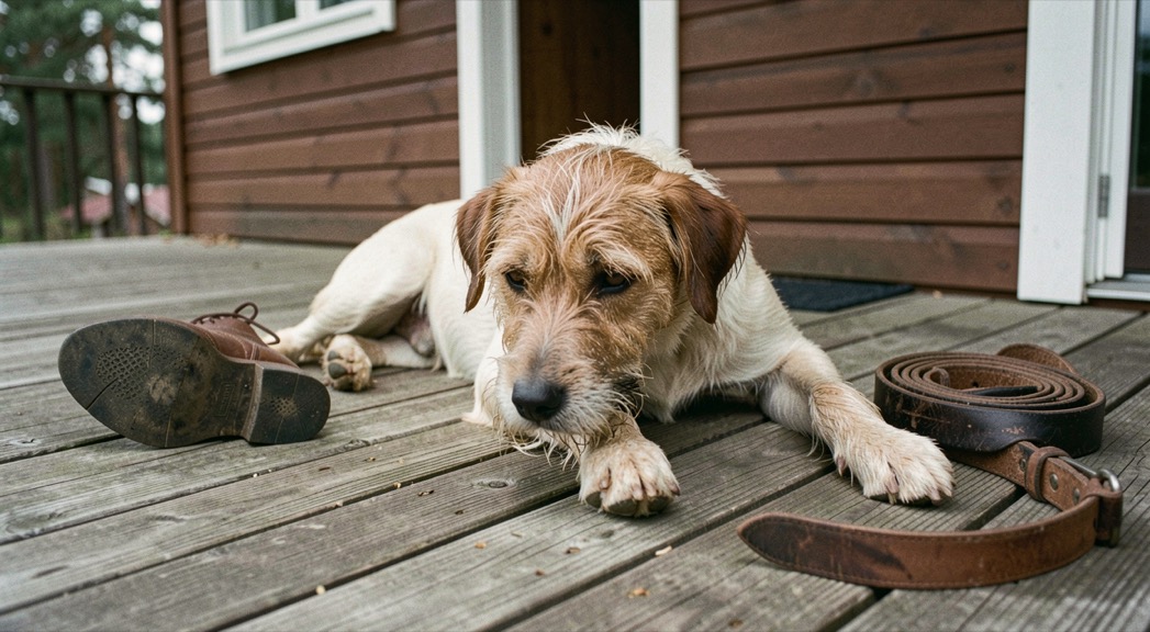 Hond met natte poten die op een houten terras voor een vakantiehuis ligt, naast een omgekeerde laars en een opgerolde riem.