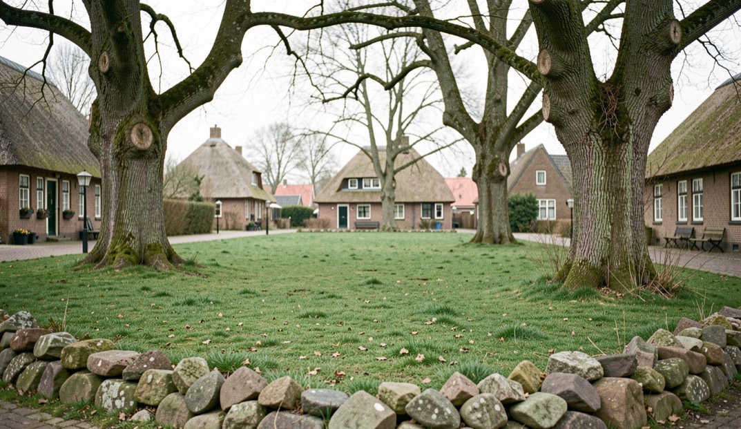 Dorpsbrink met een grasveld, oude eiken en lage keien langs de rand, omringd door boerderijen met rieten daken.