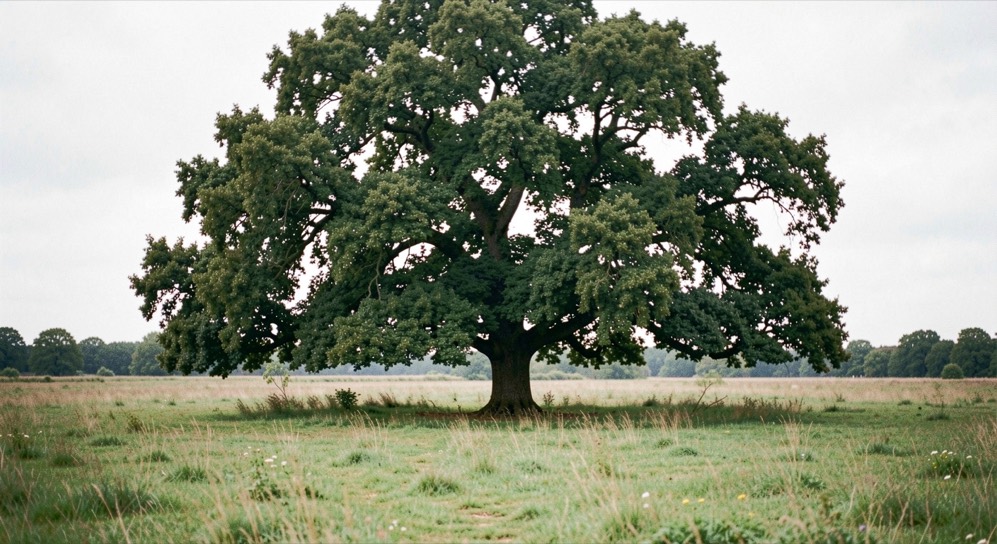 Solitaire oude eik in een open weiland met een brede kroon en een lage takkenrand boven het gras.