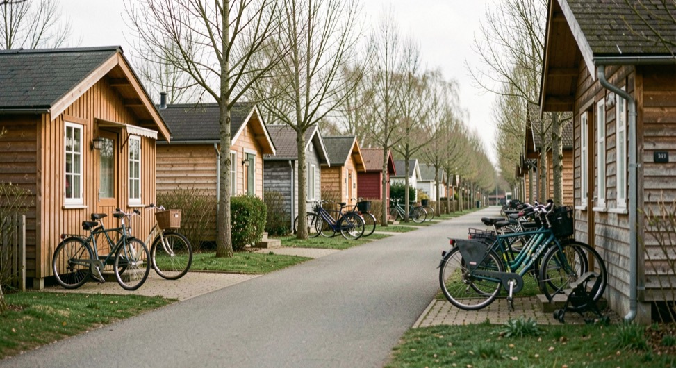 Rij gelijkvormige houten vakantiehuisjes langs een geasfalteerd parkpad, met geparkeerde fietsen en jonge beukenhagen ertussen.