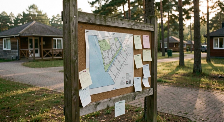 Houten prikbord bij de ingang van een vakantiepark met een geplastificeerde plattegrond en losse briefjes, in het licht van de late namiddag.