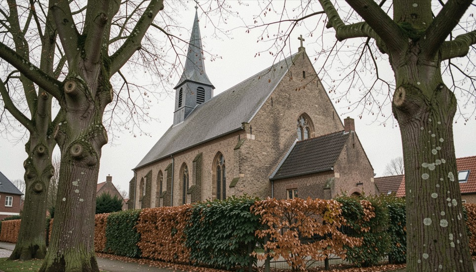 Bakstenen dorpskerk met een gedrongen zadeldaktoren, omringd door oude linden en een lage haag van beukenblad.