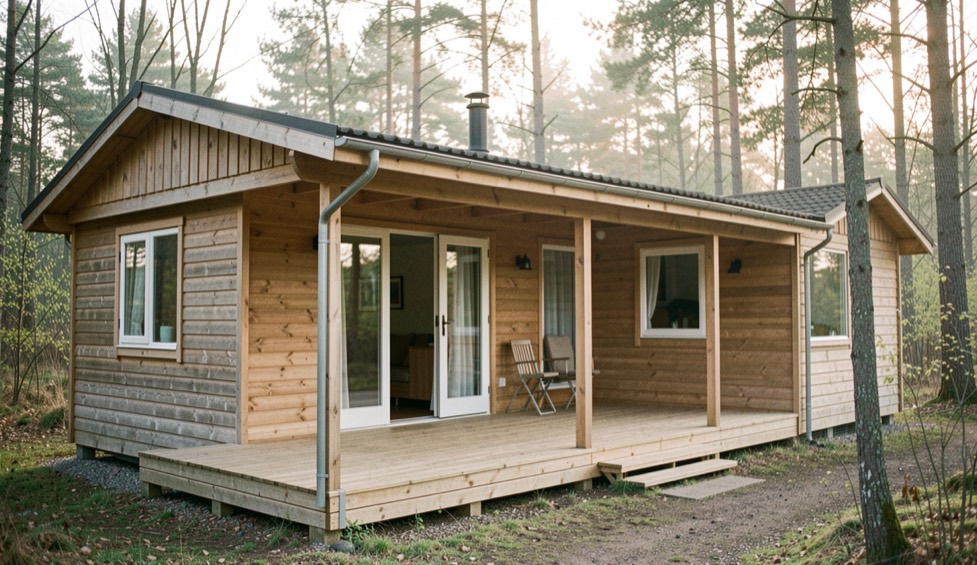 Houten vakantiebungalow met een breed overstek en een terras van vlonderplanken, aan de rand van een licht loofbos in de vroege ochtend.