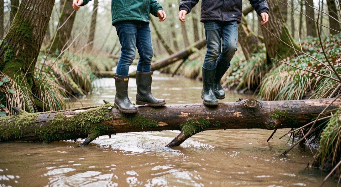 Twee kinderen in regenlaarzen die over een omgevallen boomstam balanceren boven een ondiepe bosbeek met bruin water.