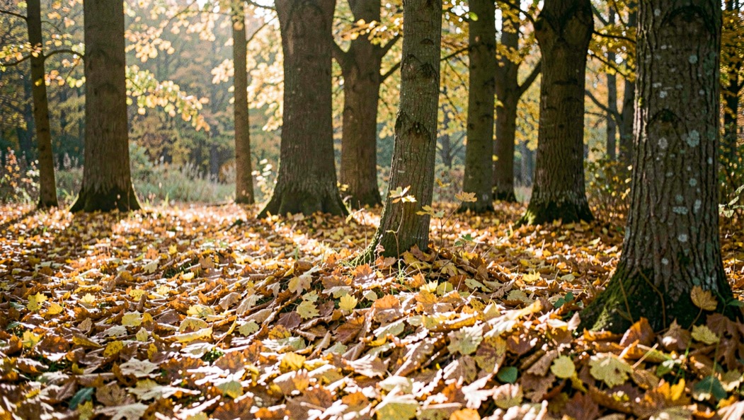 Berkenbos in oktober met geel verkleurd blad, een tapijt van gevallen bladeren en laag zonlicht dat door de stammen valt.