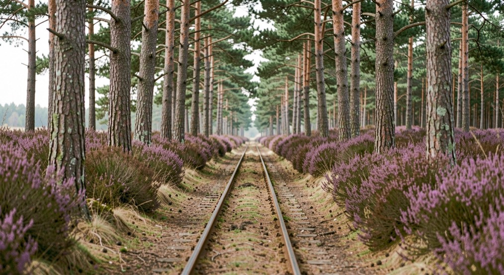 Zandpad met karrensporen dat tussen hoge grove dennen door een heidegebied loopt, met paarse struikheide aan weerszijden.