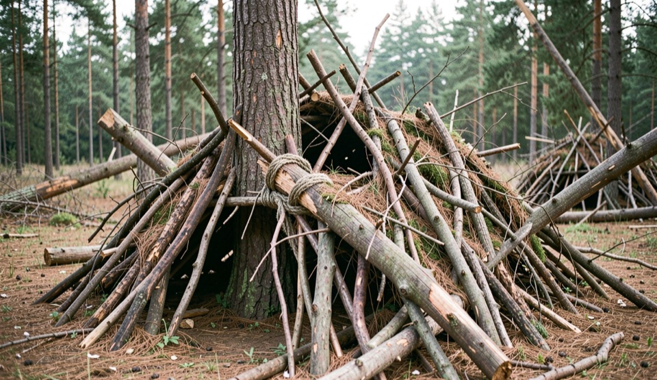 Zelfgebouwde hut van dode takken tegen een boomstam in een open bosdeel, met losse takken en boomstronken eromheen.