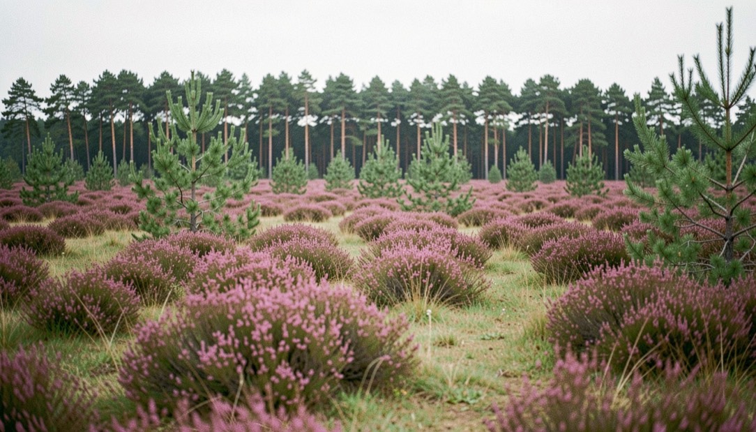 Een stoffige onverharde weg door droog savannelandschap bij laag ochtendlicht, met in de verte een open safarivoertuig en acacia's langs de rand van het beeld.